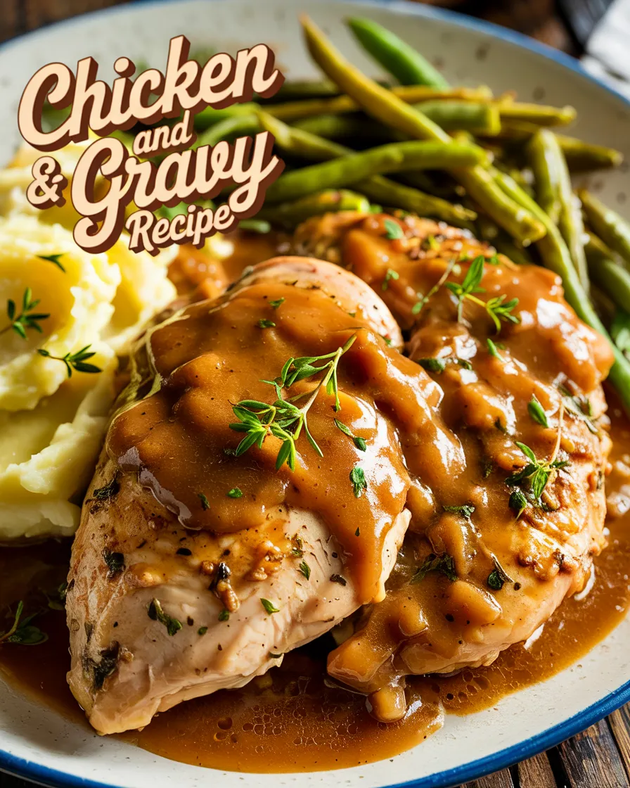 Close-up of chicken breasts topped with brown gravy, served with mashed potatoes and green beans.