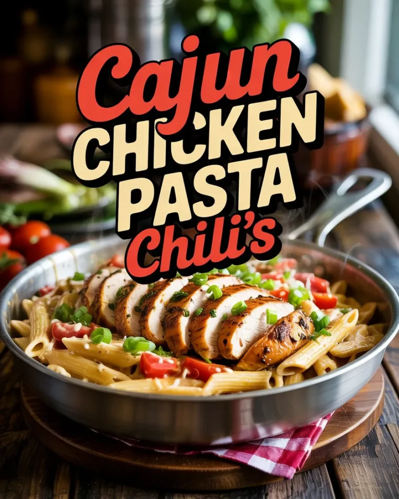 Cajun Chicken Pasta served in a stainless steel skillet, featuring penne pasta in creamy Alfredo sauce, topped with sliced grilled Cajun-spiced chicken, diced red tomatoes, chopped green onions, and shredded Parmesan cheese, placed on a rustic wooden table.