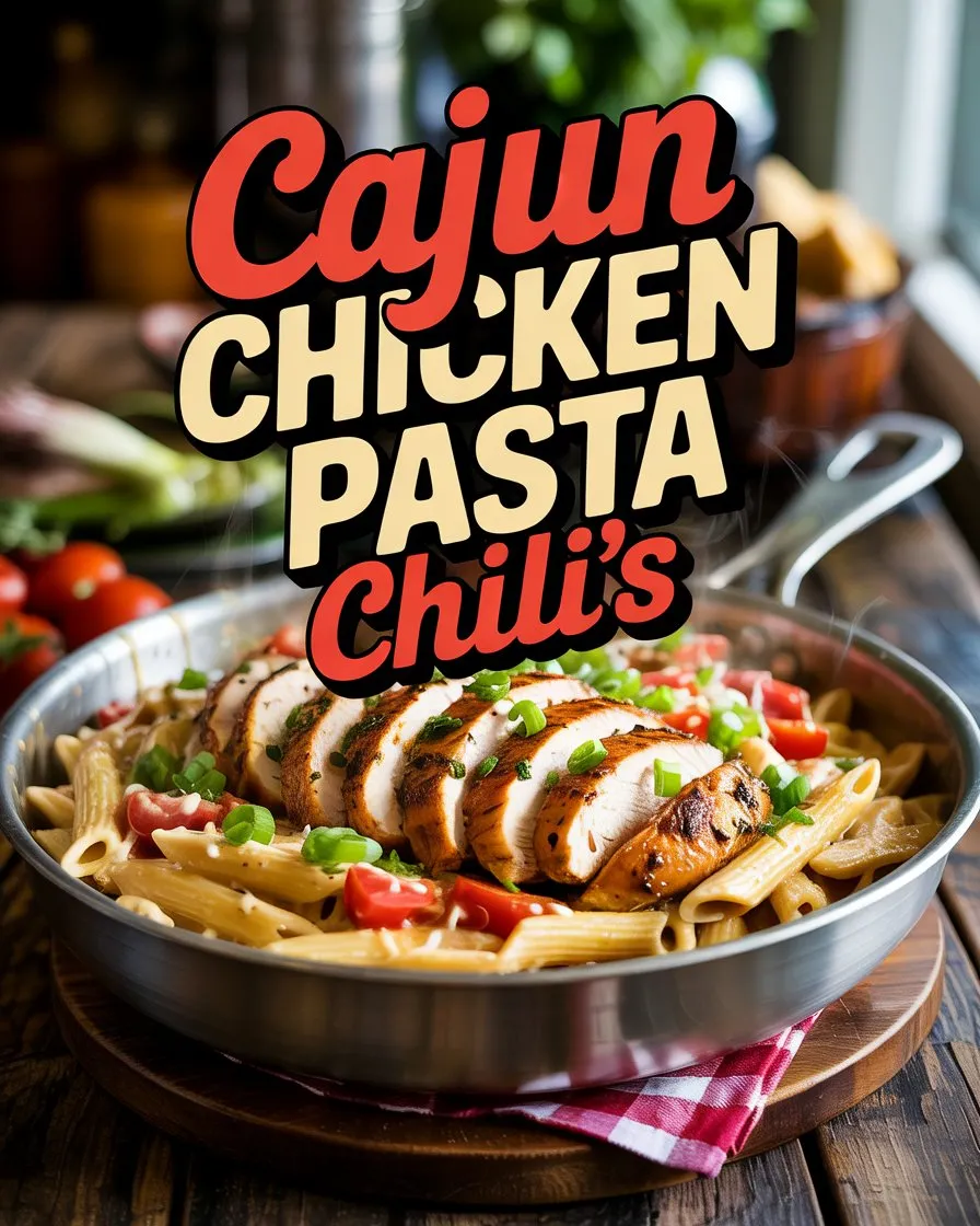 Cajun Chicken Pasta served in a stainless steel skillet, featuring penne pasta in creamy Alfredo sauce, topped with sliced grilled Cajun-spiced chicken, diced red tomatoes, chopped green onions, and shredded Parmesan cheese, placed on a rustic wooden table.