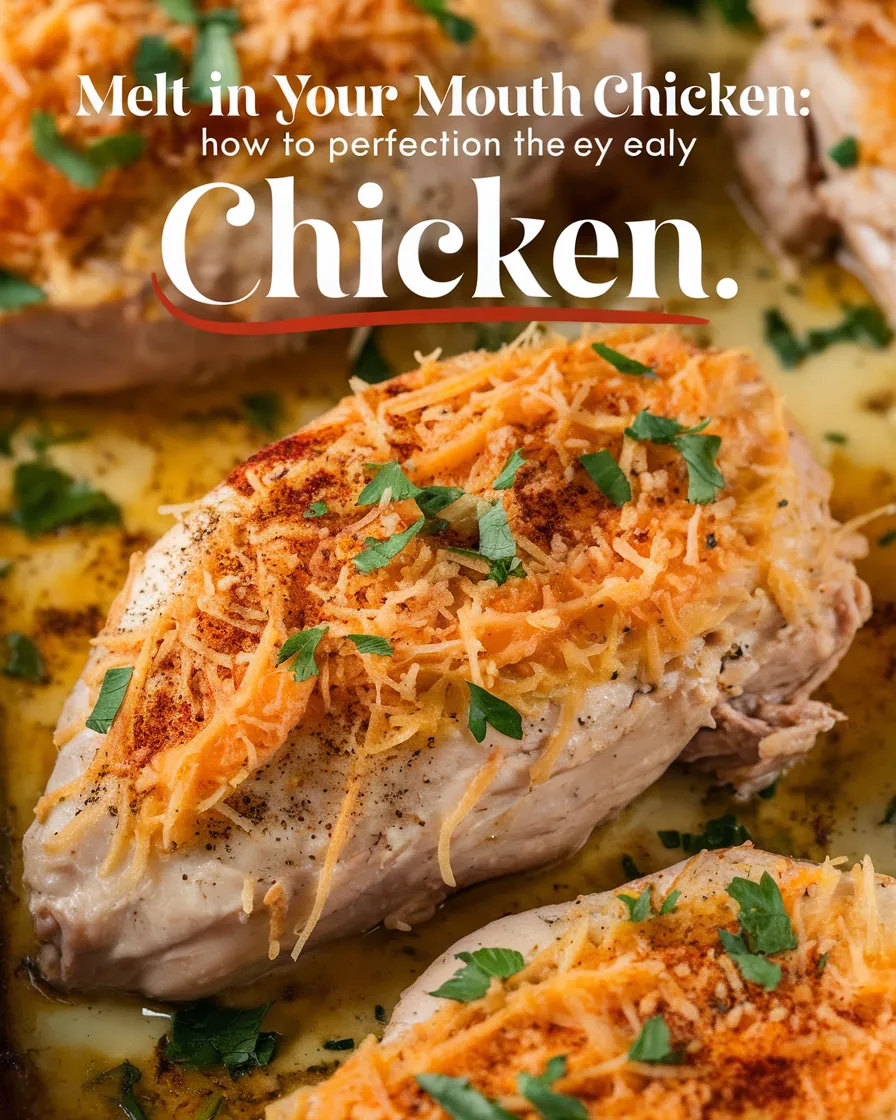 Close-up of Melt In Your Mouth Chicken with a golden-brown Parmesan crust and creamy topping, garnished with fresh parsley.