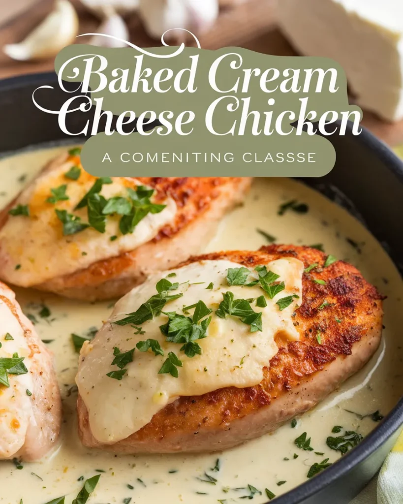 Close-up of Baked Cream Cheese Chicken with golden-brown seared chicken in creamy herb sauce, garnished with parsley and melted Parmesan.