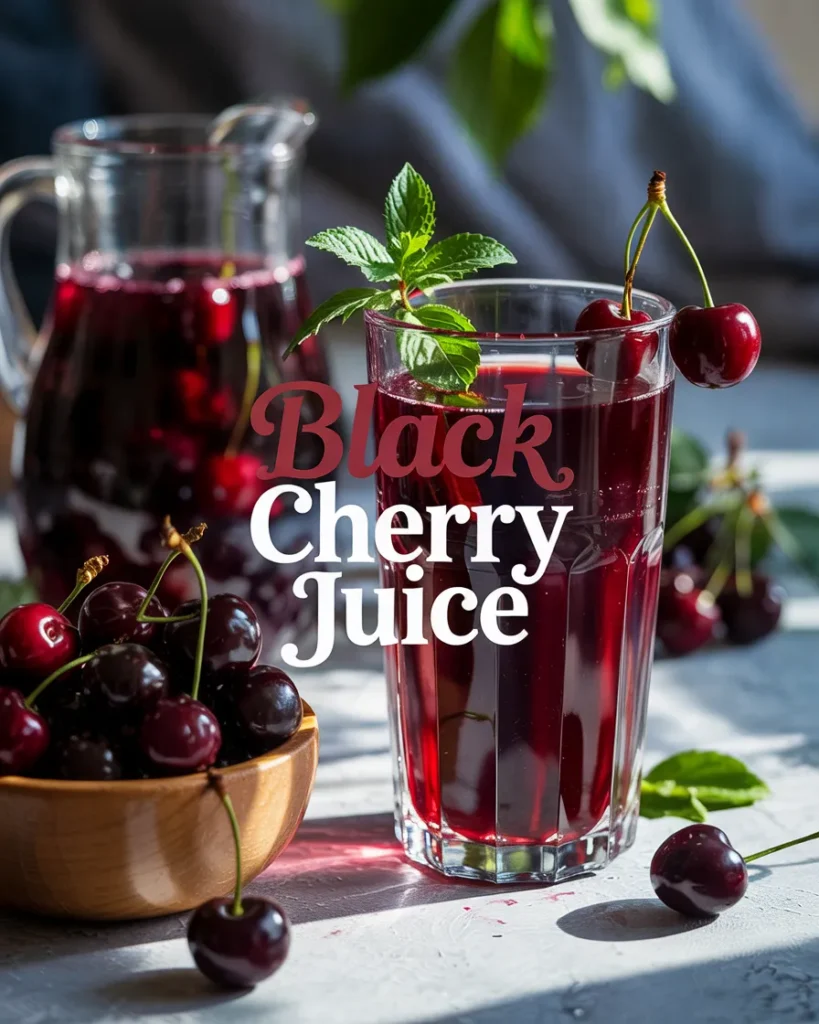 ​A tall glass of black cherry juice garnished with fresh cherries and mint, placed on a rustic wooden table. A pitcher of black cherry juice and scattered cherries are in the background.