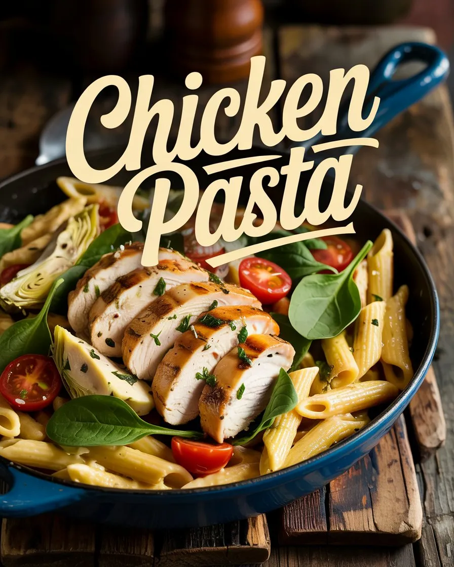 A blue skillet filled with creamy penne pasta, sliced grilled chicken, cherry tomatoes, spinach, and artichoke hearts, garnished with herbs, with "Chicken Pasta" text overlay.