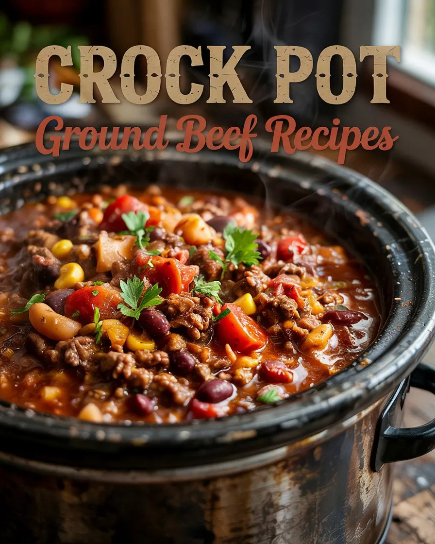 Close-up of a steaming crock pot ground beef stew with beans and corn.​ Rustic crock pot filled with hearty ground beef recipe, steaming hot.