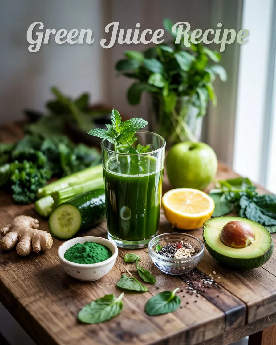 Fresh green juice in a clear glass with kale, spinach, cucumber, celery, apple, lemon, ginger, avocado, mint, and superfoods arranged around it.