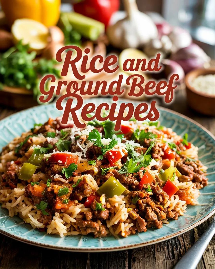 Close-up of a savory rice and ground beef dish garnished with parsley and Parmesan.
