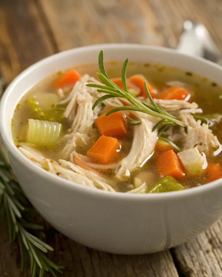 Close-up of slow cooker chicken soup with shredded chicken, carrots, celery, and onions in a golden broth, garnished with rosemary.