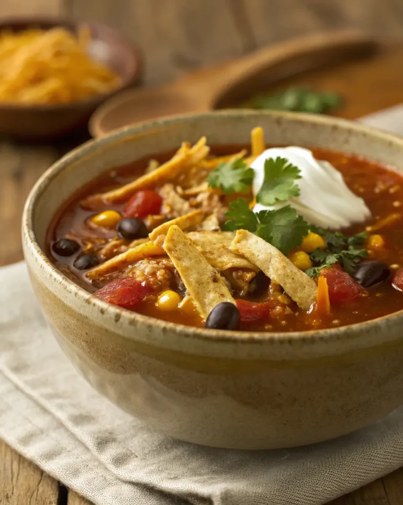 High-resolution image of Chicken Tortilla Soup with shredded chicken, black beans, corn, and tomatoes in a rustic ceramic bowl.