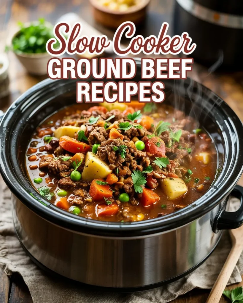 Hearty slow cooker ground beef stew with vegetables on a rustic kitchen counter. Savory ground beef recipe in a black ceramic slow cooker, hot and ready to serve.