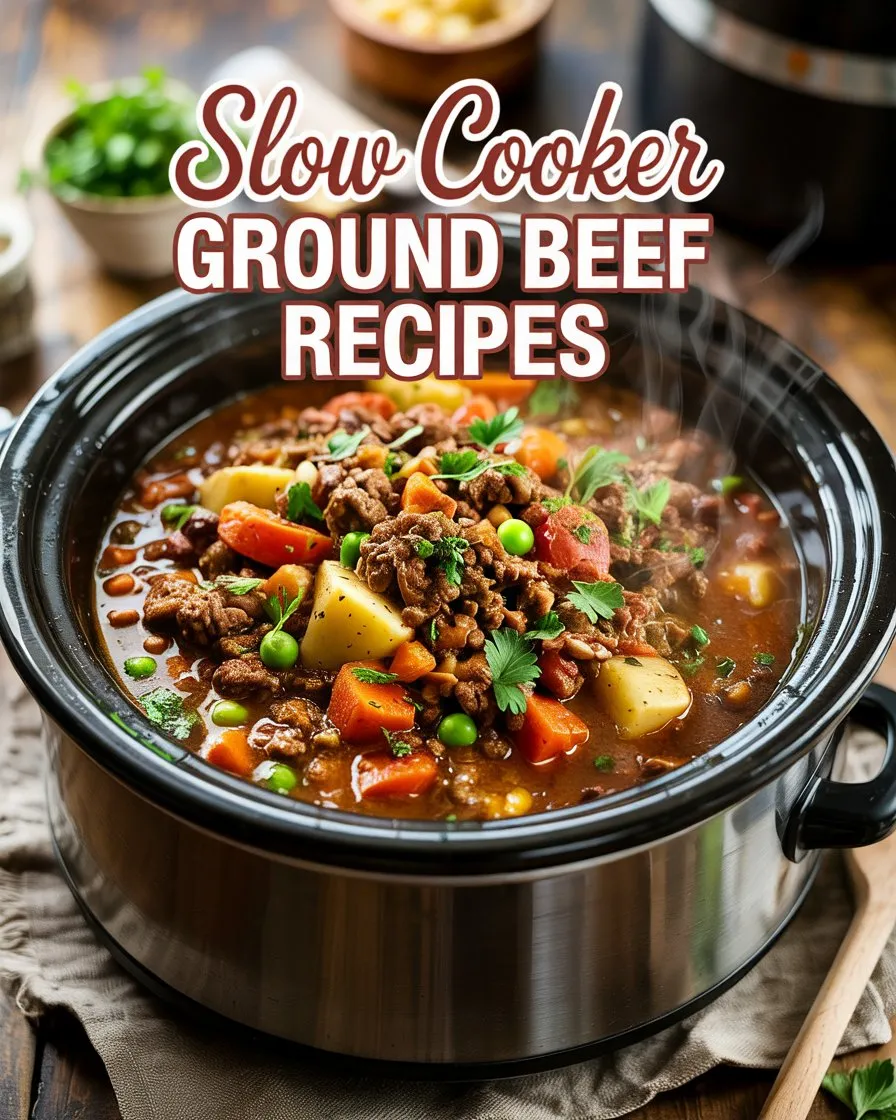 Hearty slow cooker ground beef stew with vegetables on a rustic kitchen counter. Savory ground beef recipe in a black ceramic slow cooker, hot and ready to serve.