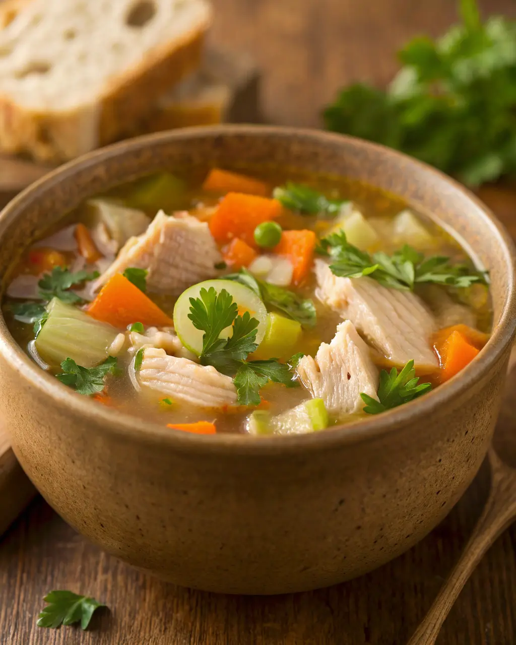 Close-up of Leftover Turkey Soup with tender turkey pieces and vegetables in a rich broth, garnished with parsley.